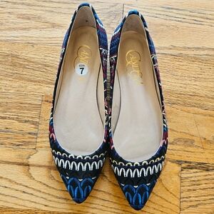 Anthropologie Candela Size 7 Navy Ballet Flats Embroidered Pointed Toe Colorful